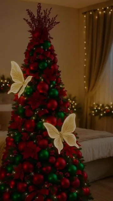 Árvore de Natal decorada em vermelho, verde e dourado